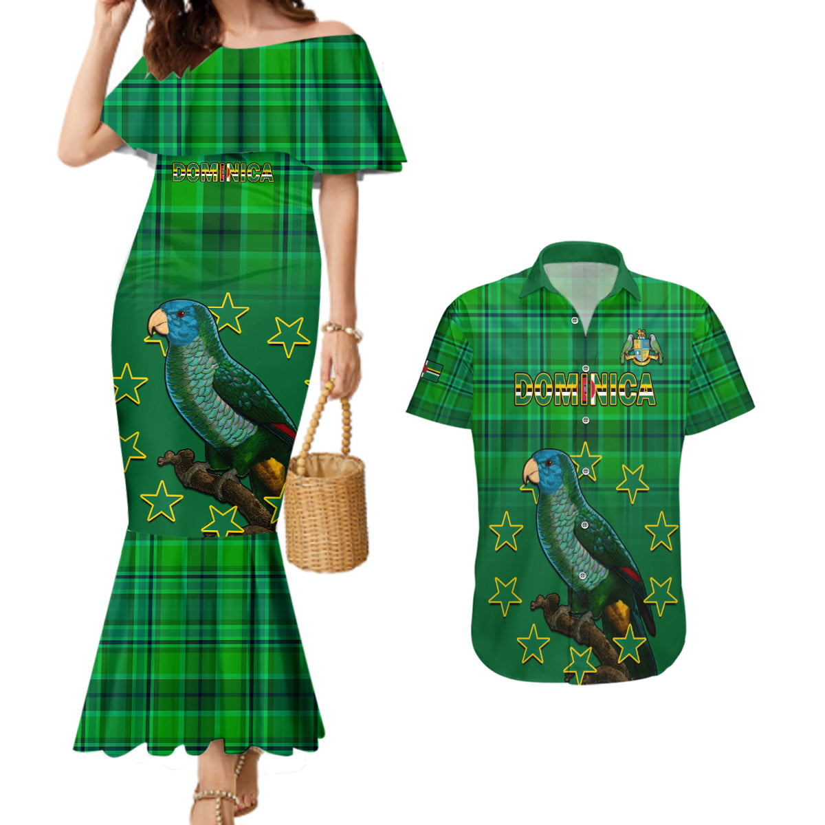 Dominica Independence Day Couples Matching Mermaid Dress and Hawaiian Shirt Dominik Sisserou Parrot With Madras Pattern - Wonder Print Shop