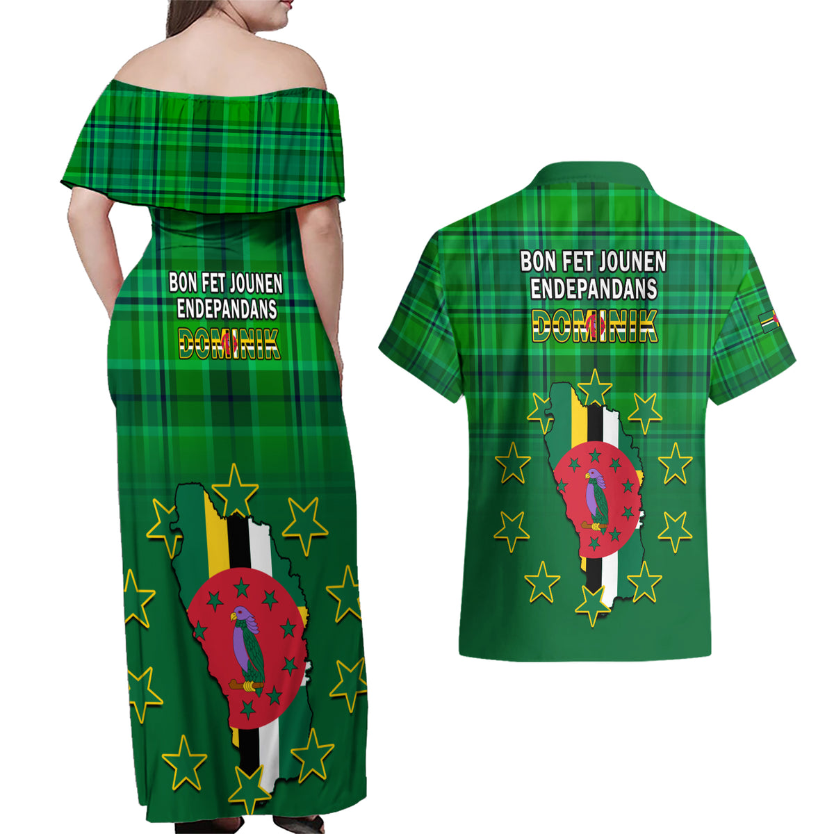 Dominica Independence Day Couples Matching Off Shoulder Maxi Dress and Hawaiian Shirt Dominik Sisserou Parrot With Madras Pattern - Wonder Print Shop