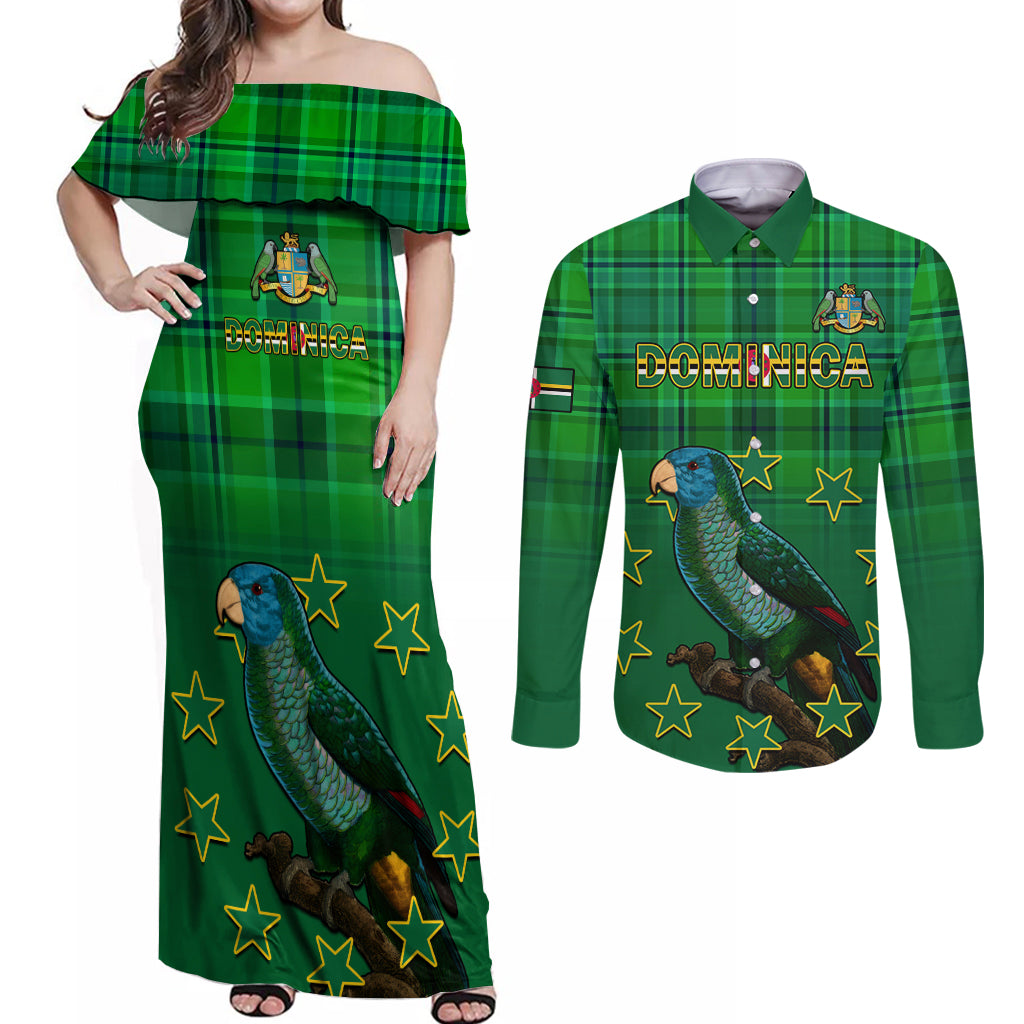 Dominica Independence Day Couples Matching Off Shoulder Maxi Dress and Long Sleeve Button Shirts Dominik Sisserou Parrot With Madras Pattern - Wonder Print Shop
