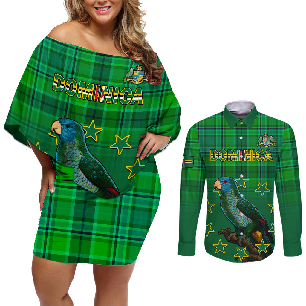 Dominica Independence Day Couples Matching Off Shoulder Short Dress and Long Sleeve Button Shirts Dominik Sisserou Parrot With Madras Pattern - Wonder Print Shop