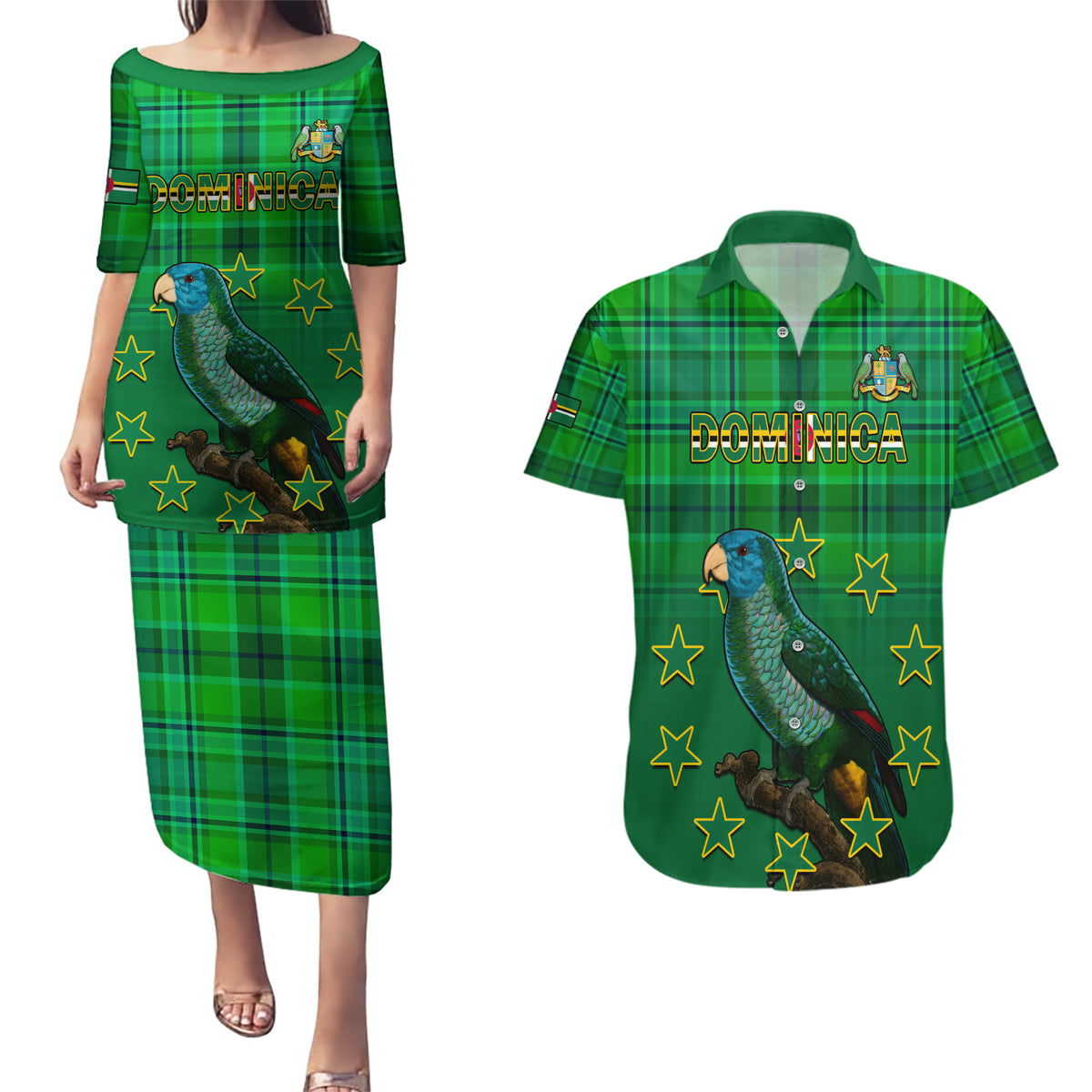 Dominica Independence Day Couples Matching Puletasi Dress and Hawaiian Shirt Dominik Sisserou Parrot With Madras Pattern - Wonder Print Shop