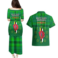 Dominica Independence Day Couples Matching Puletasi Dress and Hawaiian Shirt Dominik Sisserou Parrot With Madras Pattern - Wonder Print Shop