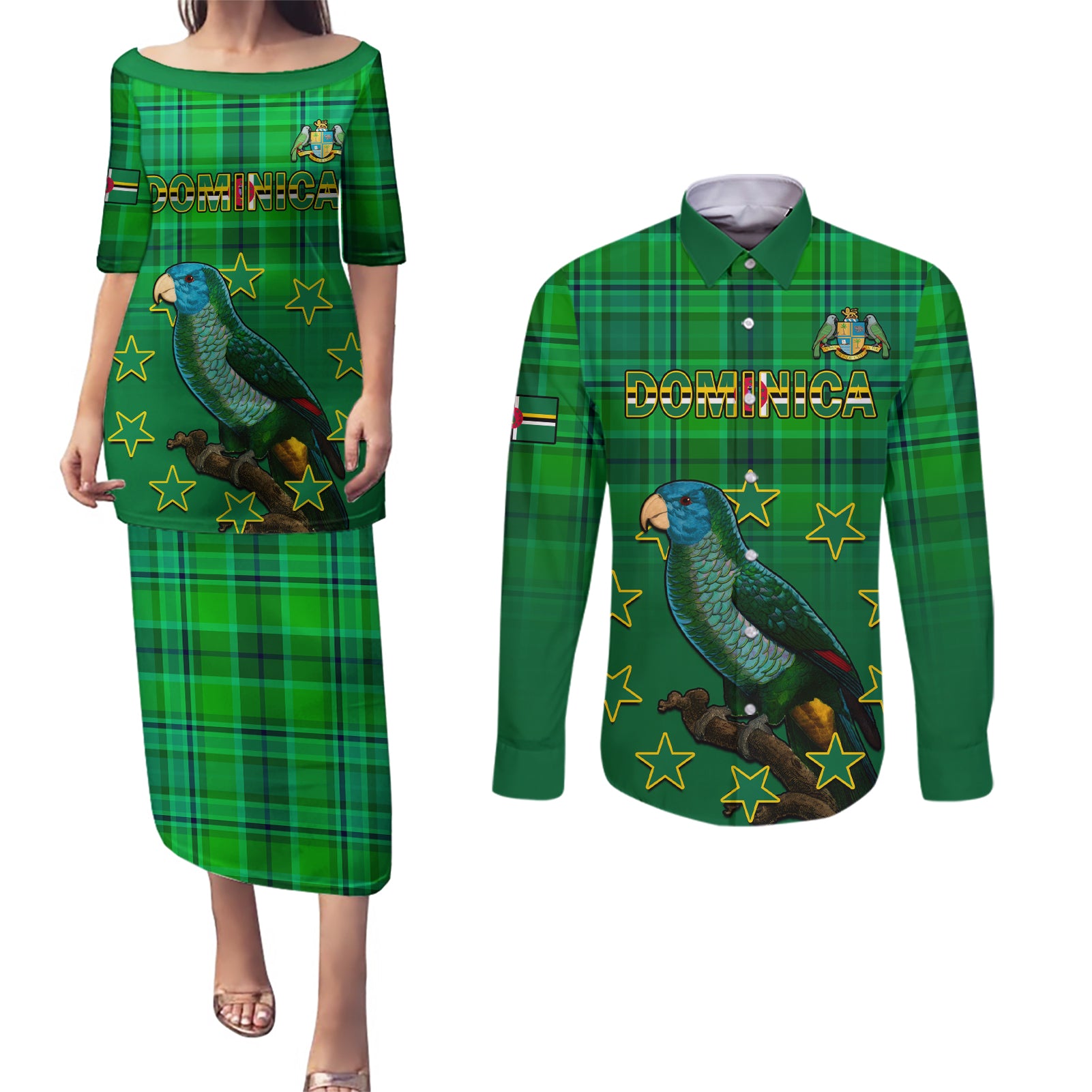 Dominica Independence Day Couples Matching Puletasi Dress and Long Sleeve Button Shirts Dominik Sisserou Parrot With Madras Pattern - Wonder Print Shop