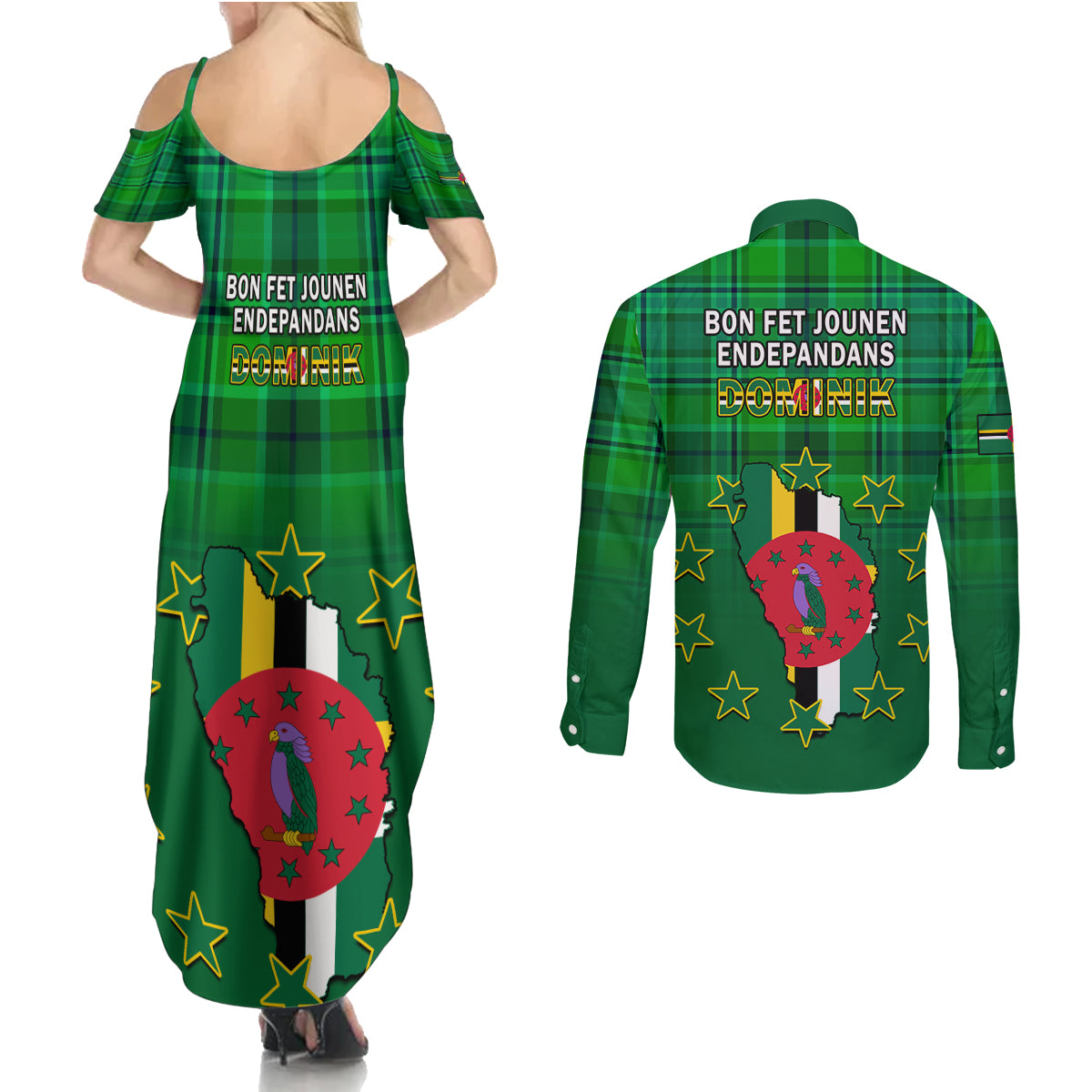 Dominica Independence Day Couples Matching Summer Maxi Dress and Long Sleeve Button Shirts Dominik Sisserou Parrot With Madras Pattern - Wonder Print Shop