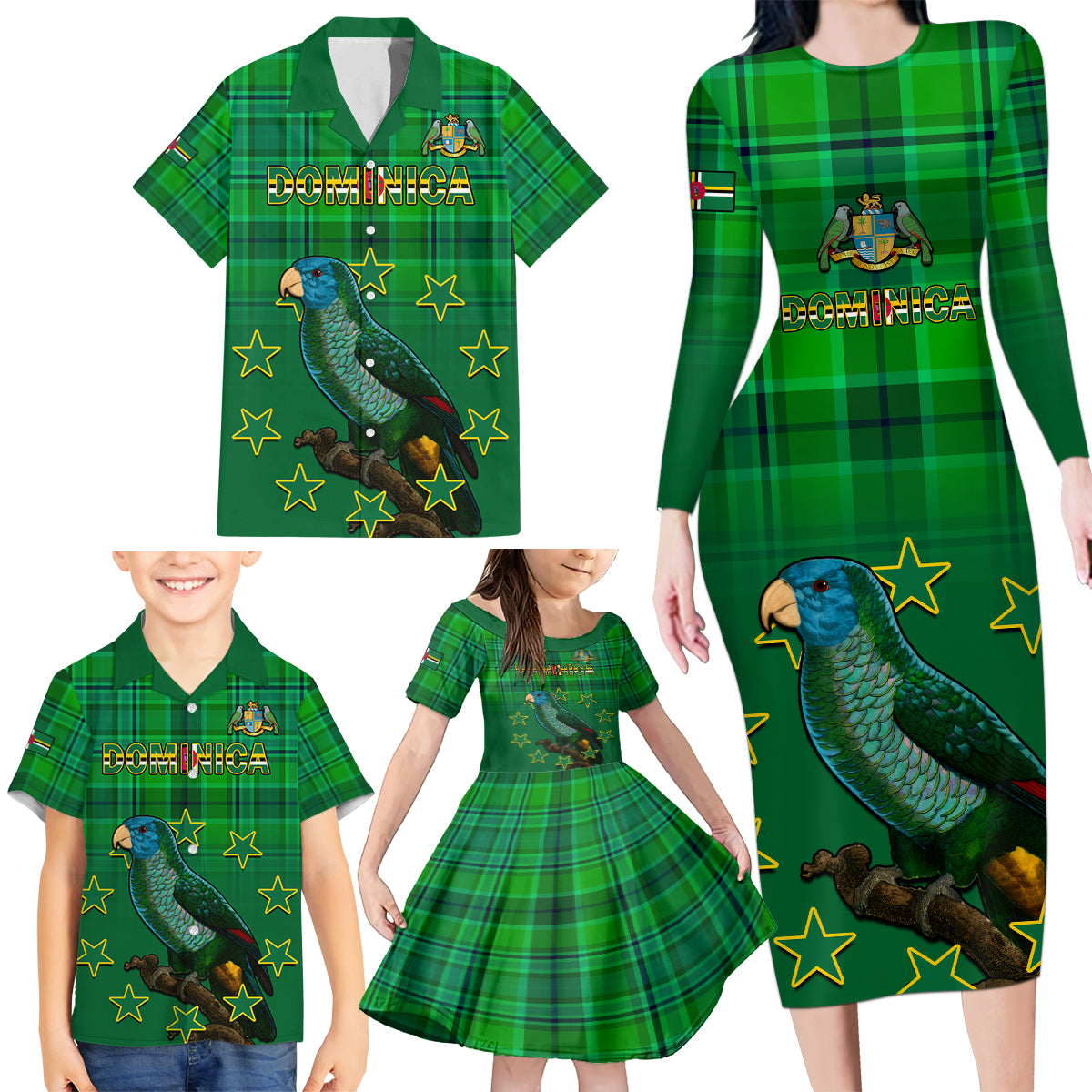 Dominica Independence Day Family Matching Long Sleeve Bodycon Dress and Hawaiian Shirt Dominik Sisserou Parrot With Madras Pattern - Wonder Print Shop