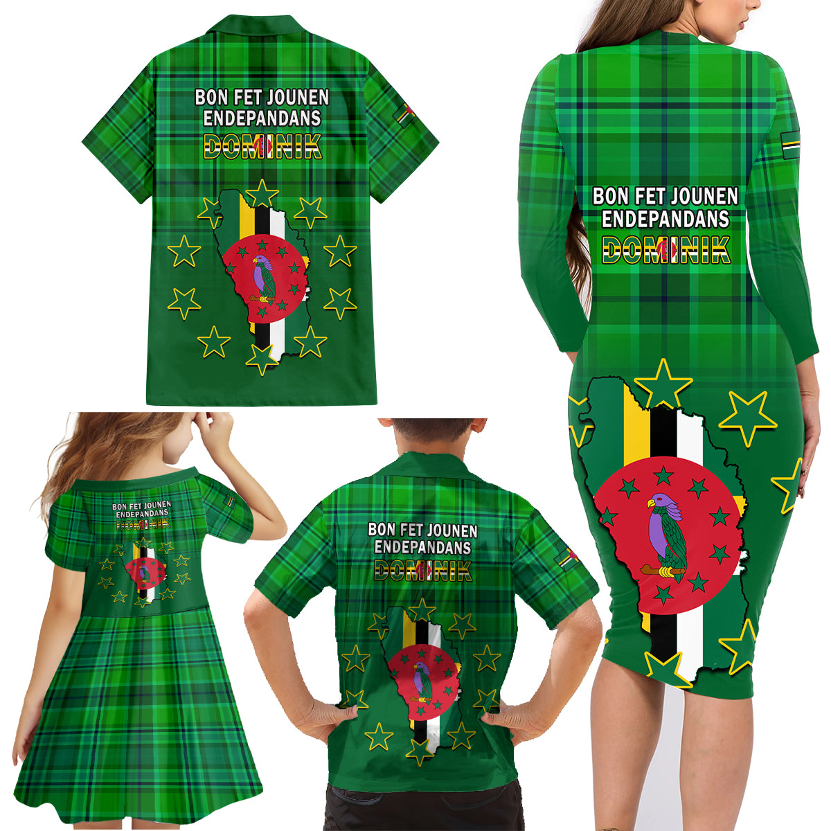 Dominica Independence Day Family Matching Long Sleeve Bodycon Dress and Hawaiian Shirt Dominik Sisserou Parrot With Madras Pattern - Wonder Print Shop