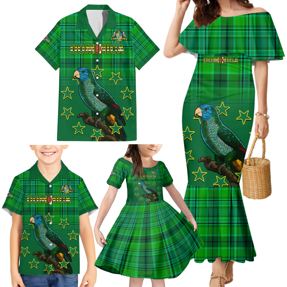 Dominica Independence Day Family Matching Mermaid Dress and Hawaiian Shirt Dominik Sisserou Parrot With Madras Pattern - Wonder Print Shop
