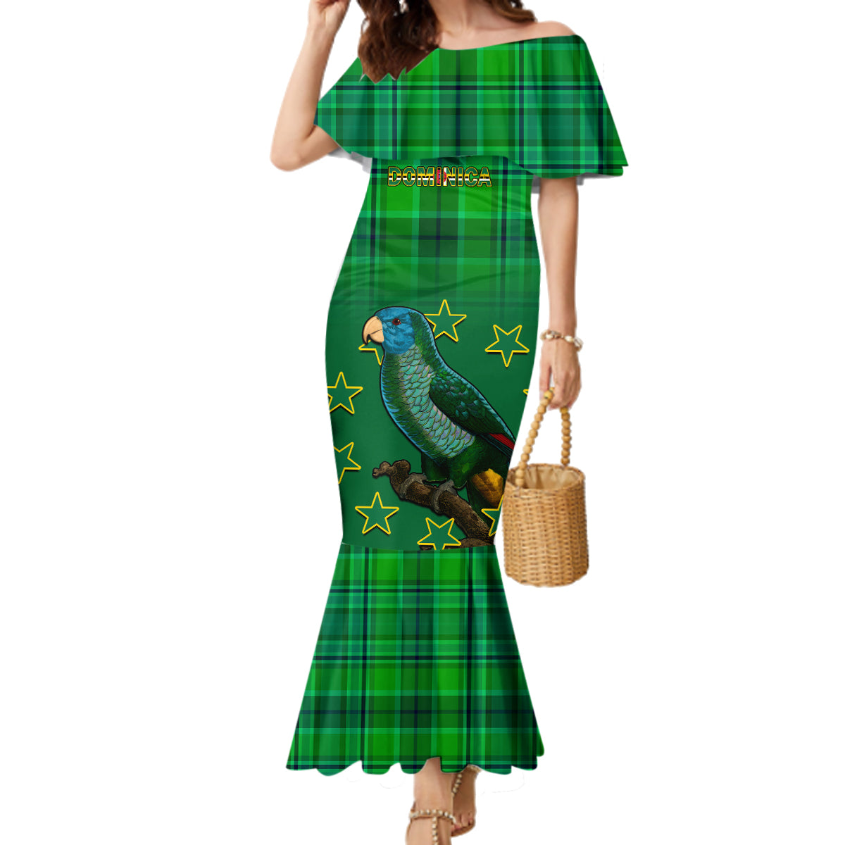 Dominica Independence Day Family Matching Mermaid Dress and Hawaiian Shirt Dominik Sisserou Parrot With Madras Pattern - Wonder Print Shop