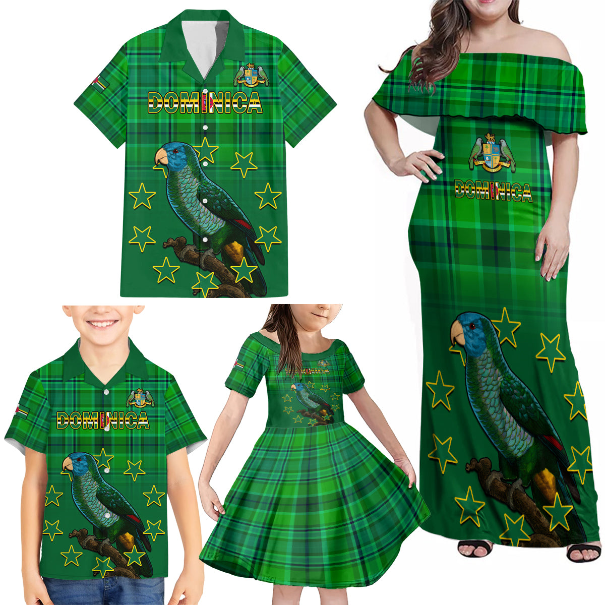 Dominica Independence Day Family Matching Off Shoulder Maxi Dress and Hawaiian Shirt Dominik Sisserou Parrot With Madras Pattern - Wonder Print Shop
