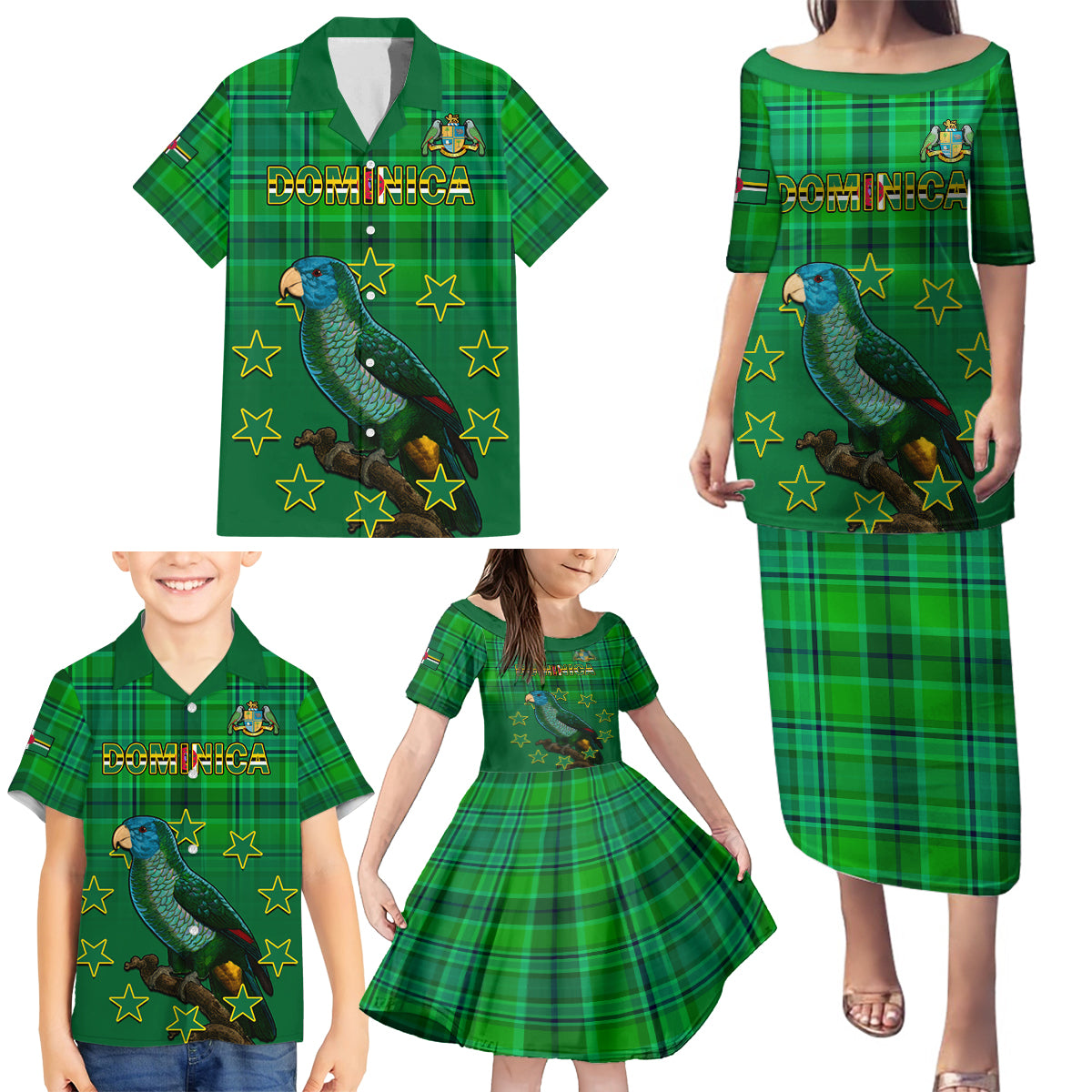 Dominica Independence Day Family Matching Puletasi Dress and Hawaiian Shirt Dominik Sisserou Parrot With Madras Pattern - Wonder Print Shop