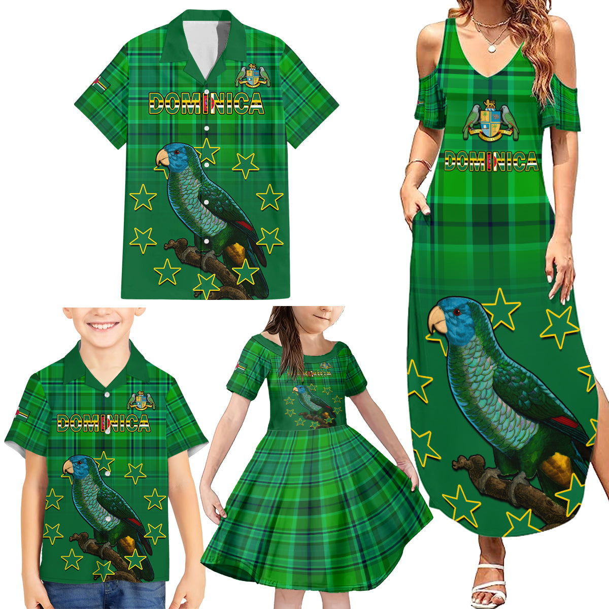 Dominica Independence Day Family Matching Summer Maxi Dress and Hawaiian Shirt Dominik Sisserou Parrot With Madras Pattern - Wonder Print Shop