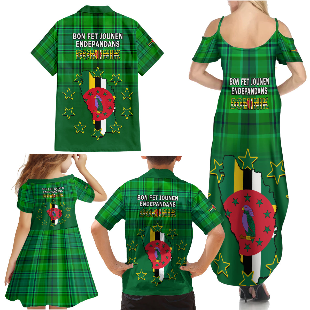 Dominica Independence Day Family Matching Summer Maxi Dress and Hawaiian Shirt Dominik Sisserou Parrot With Madras Pattern - Wonder Print Shop