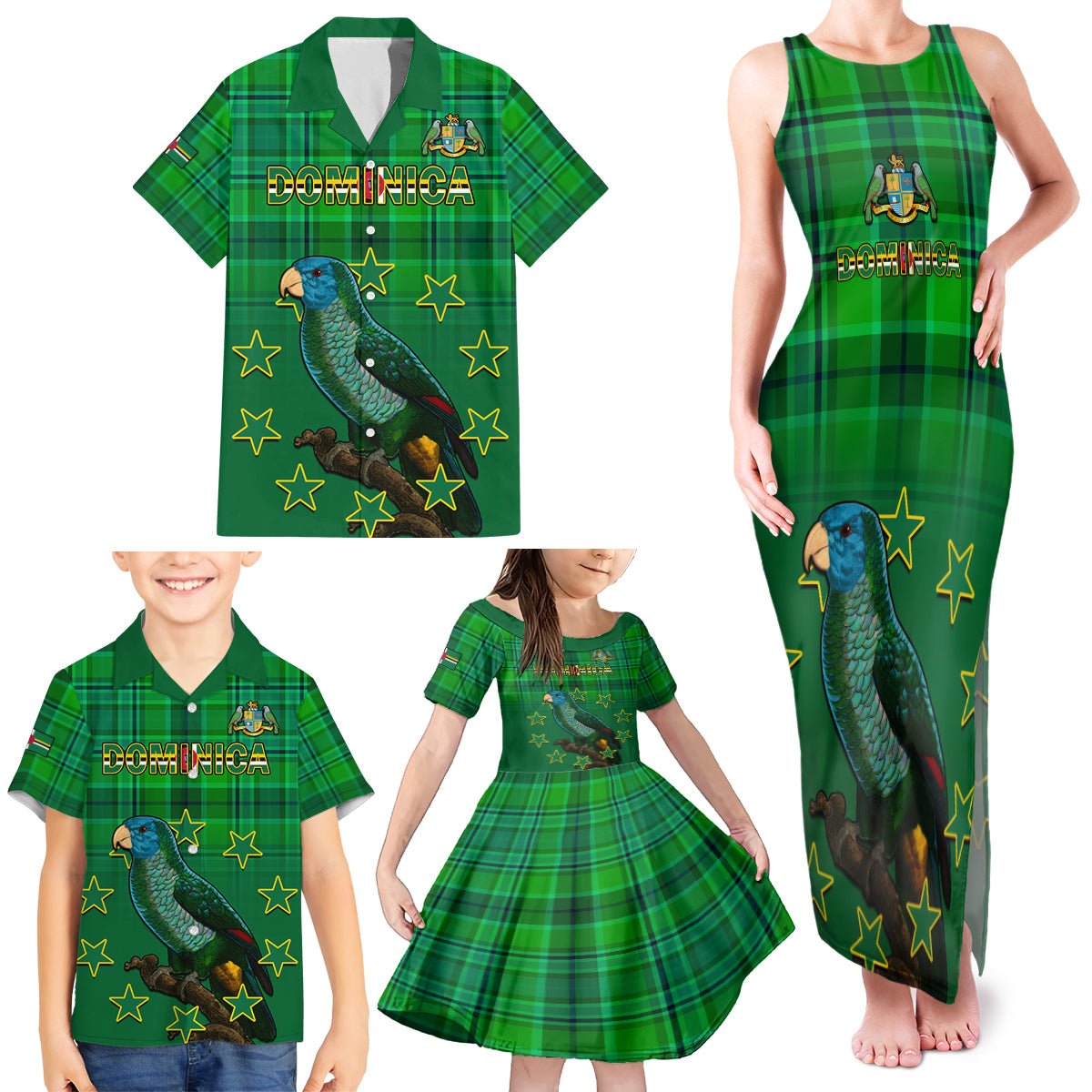 Dominica Independence Day Family Matching Tank Maxi Dress and Hawaiian Shirt Dominik Sisserou Parrot With Madras Pattern - Wonder Print Shop