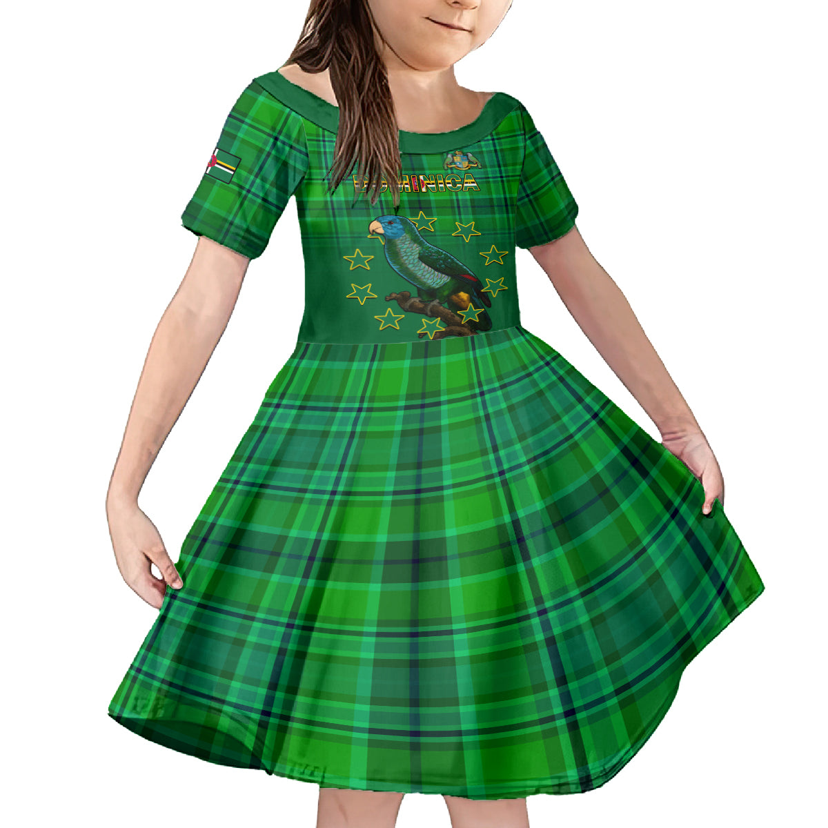 Dominica Independence Day Kid Short Sleeve Dress Dominik Sisserou Parrot With Madras Pattern - Wonder Print Shop