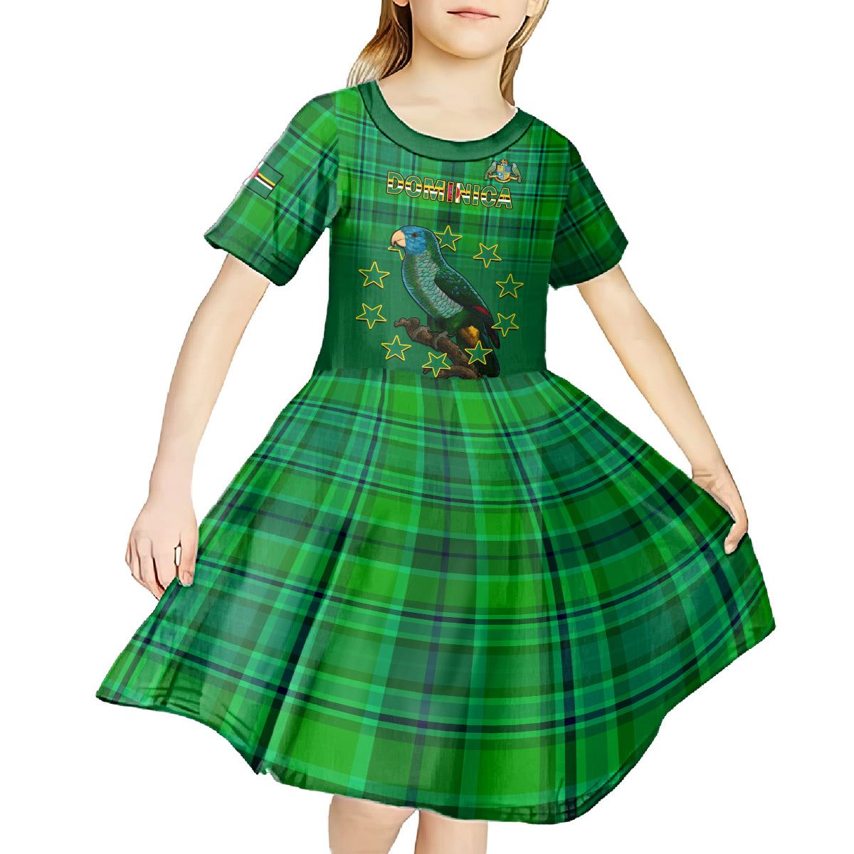 Dominica Independence Day Kid Short Sleeve Dress Dominik Sisserou Parrot With Madras Pattern - Wonder Print Shop