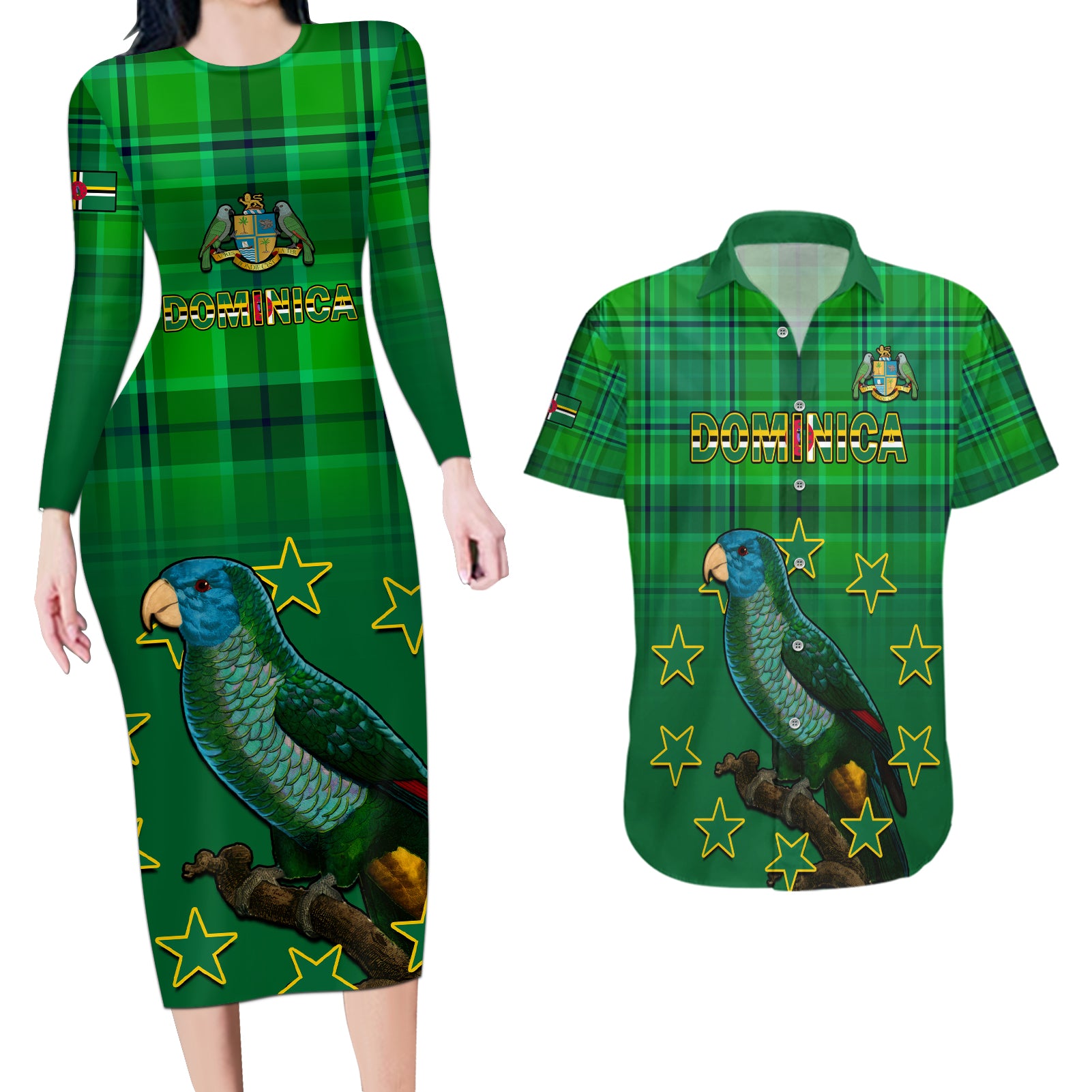 Personalised Dominica Independence Day Couples Matching Long Sleeve Bodycon Dress and Hawaiian Shirt Dominik Sisserou Parrot With Madras Pattern - Wonder Print Shop