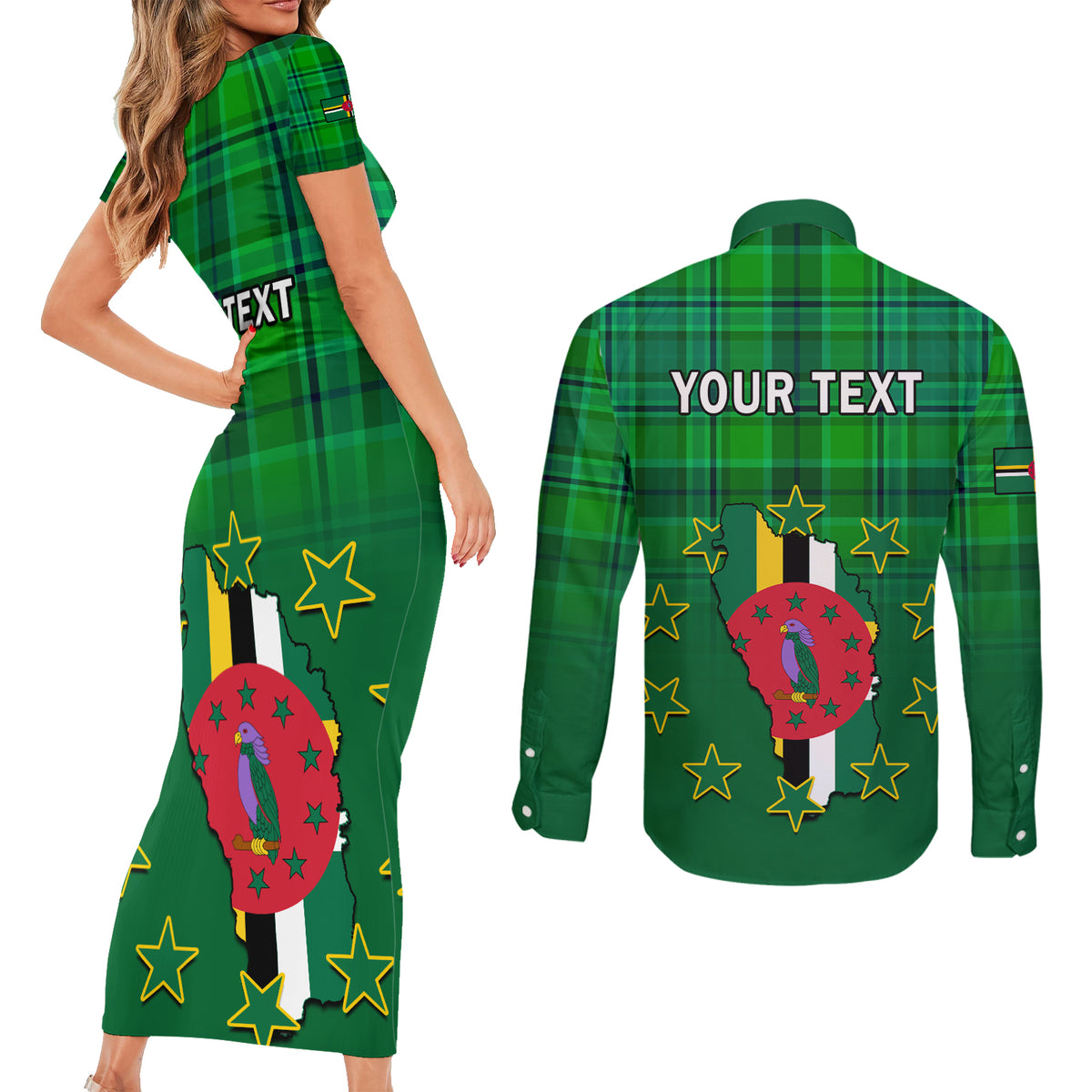 Personalised Dominica Independence Day Couples Matching Short Sleeve Bodycon Dress and Long Sleeve Button Shirts Dominik Sisserou Parrot With Madras Pattern - Wonder Print Shop