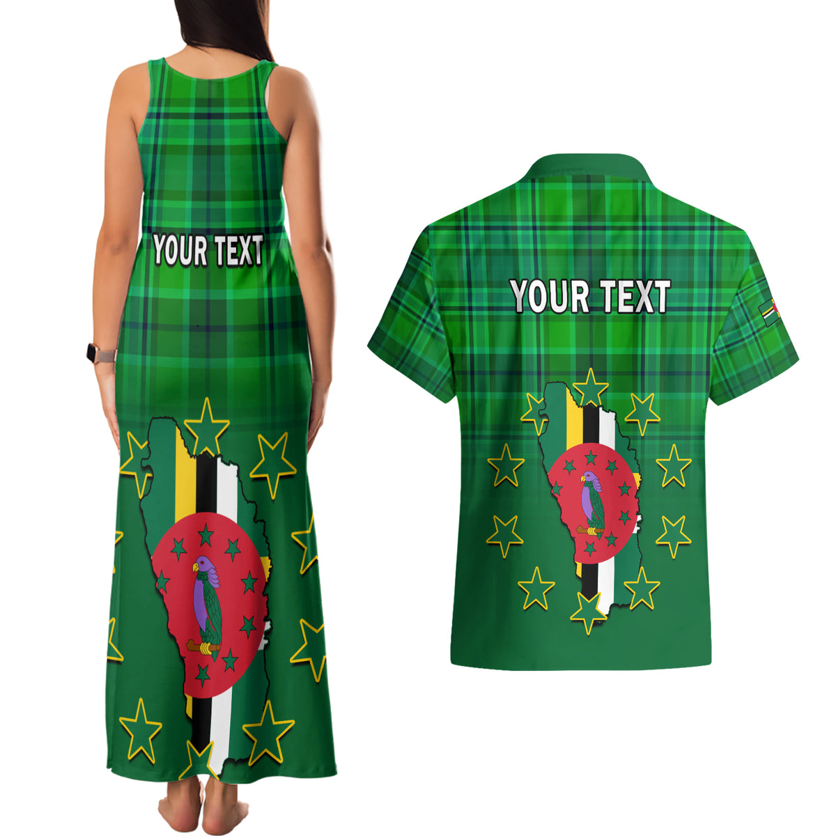 Personalised Dominica Independence Day Couples Matching Tank Maxi Dress and Hawaiian Shirt Dominik Sisserou Parrot With Madras Pattern - Wonder Print Shop