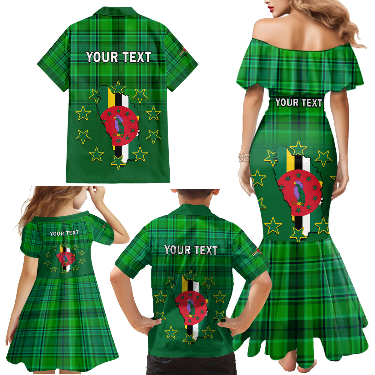 Personalised Dominica Independence Day Family Matching Mermaid Dress and Hawaiian Shirt Dominik Sisserou Parrot With Madras Pattern - Wonder Print Shop