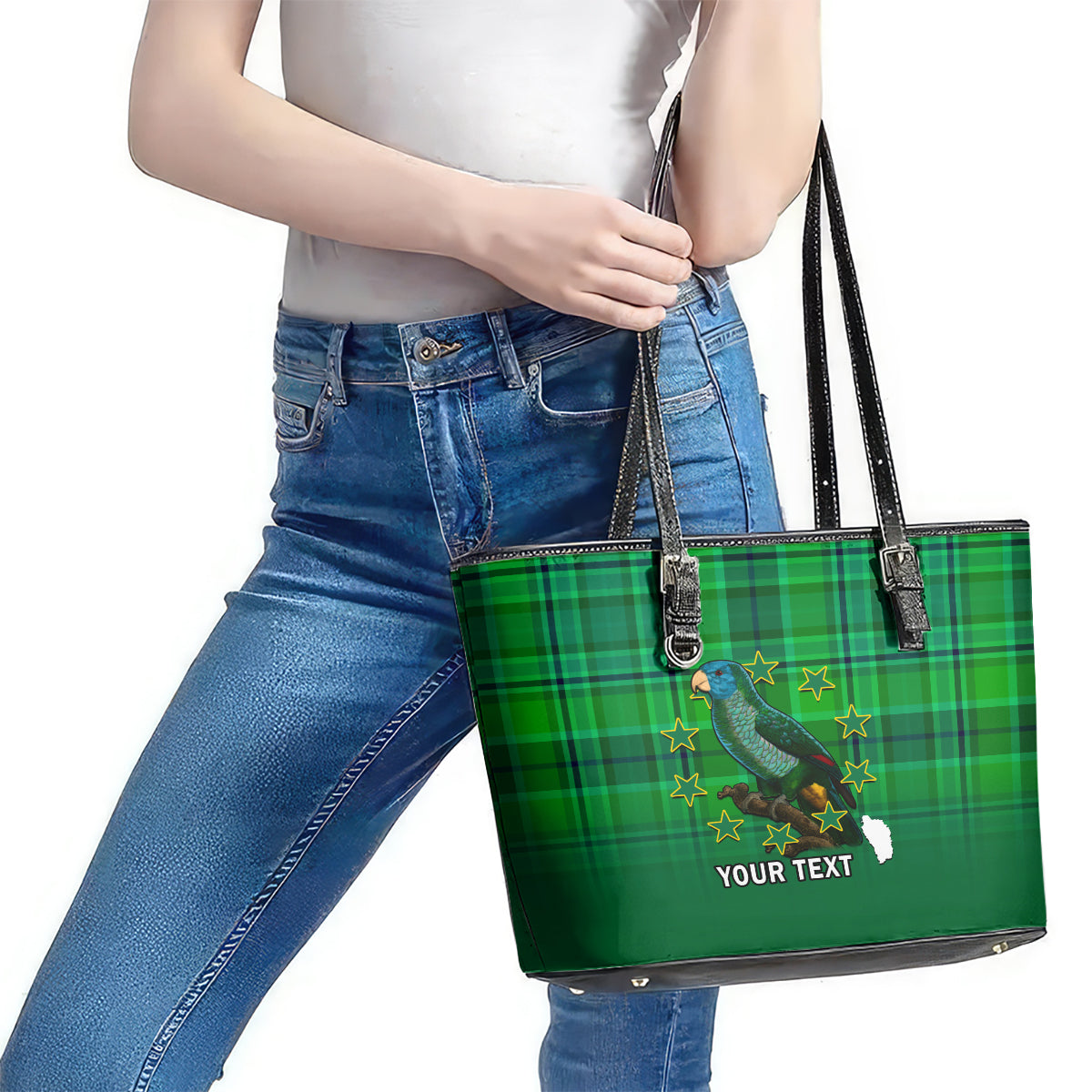 Personalised Dominica Independence Day Leather Tote Bag Dominik Sisserou Parrot With Madras Pattern - Wonder Print Shop