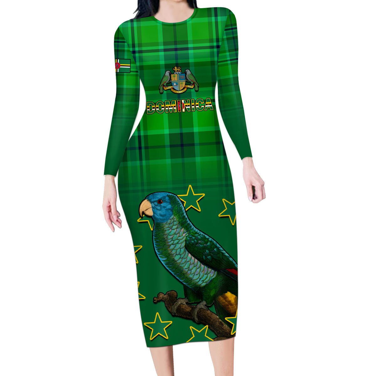 Personalised Dominica Independence Day Long Sleeve Bodycon Dress Dominik Sisserou Parrot With Madras Pattern - Wonder Print Shop