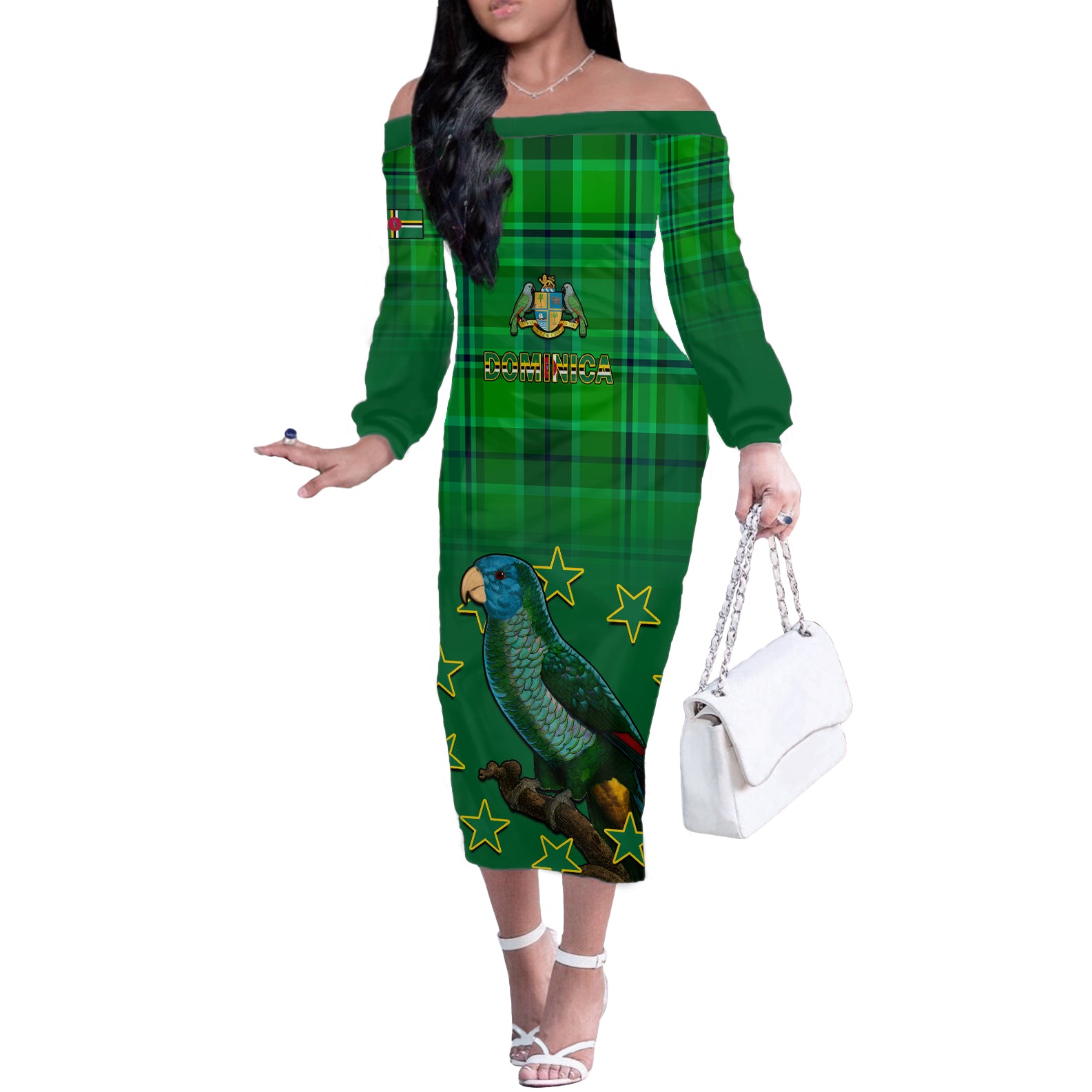 Personalised Dominica Independence Day Off The Shoulder Long Sleeve Dress Dominik Sisserou Parrot With Madras Pattern - Wonder Print Shop