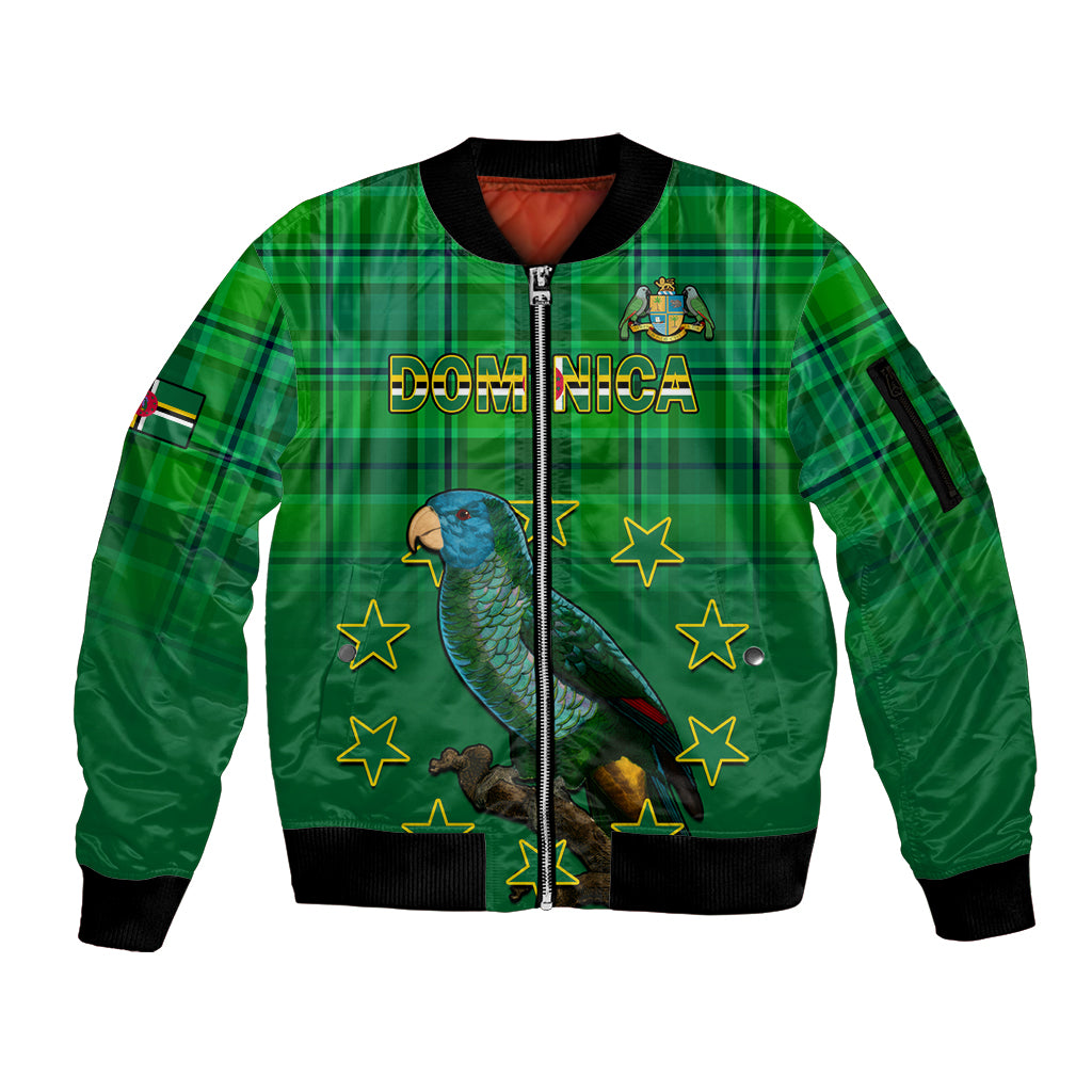 Personalised Dominica Independence Day Sleeve Zip Bomber Jacket Dominik Sisserou Parrot With Madras Pattern - Wonder Print Shop