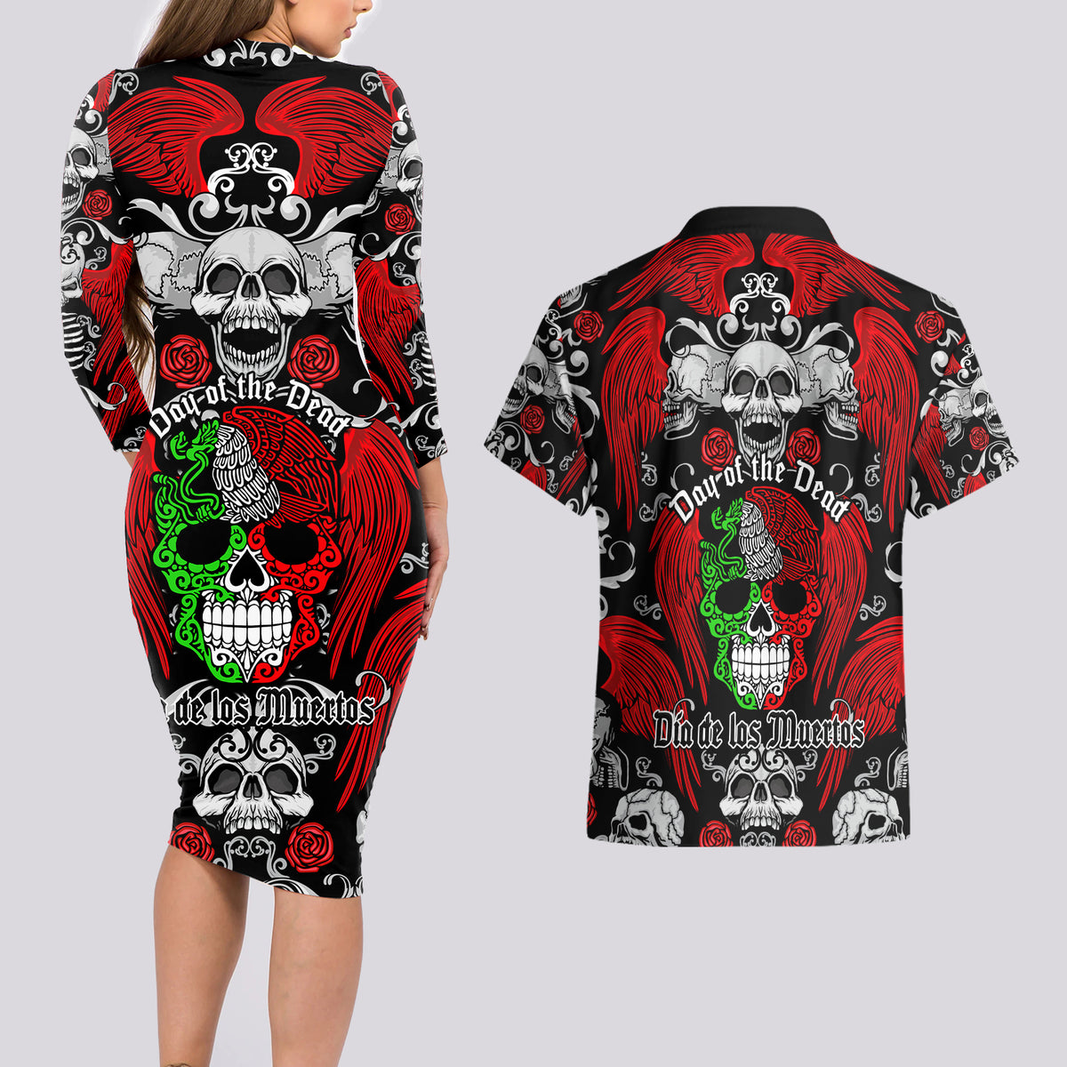 Mexico Day Of The Dead Couples Matching Long Sleeve Bodycon Dress and Hawaiian Shirt Mexican Sugar Skull Dia de los Muertos - Wonder Print Shop