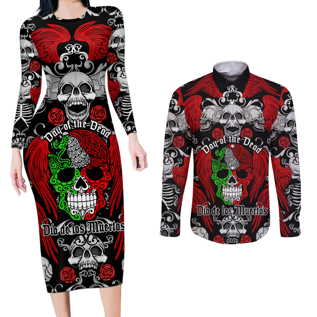 Mexico Day Of The Dead Couples Matching Long Sleeve Bodycon Dress and Long Sleeve Button Shirts Mexican Sugar Skull Dia de los Muertos - Wonder Print Shop