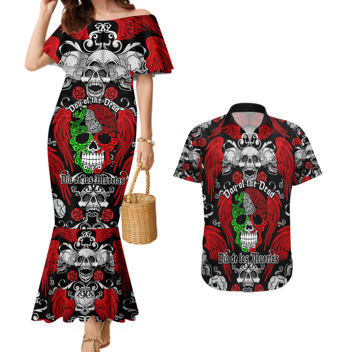 Mexico Day Of The Dead Couples Matching Mermaid Dress and Hawaiian Shirt Mexican Sugar Skull Dia de los Muertos - Wonder Print Shop