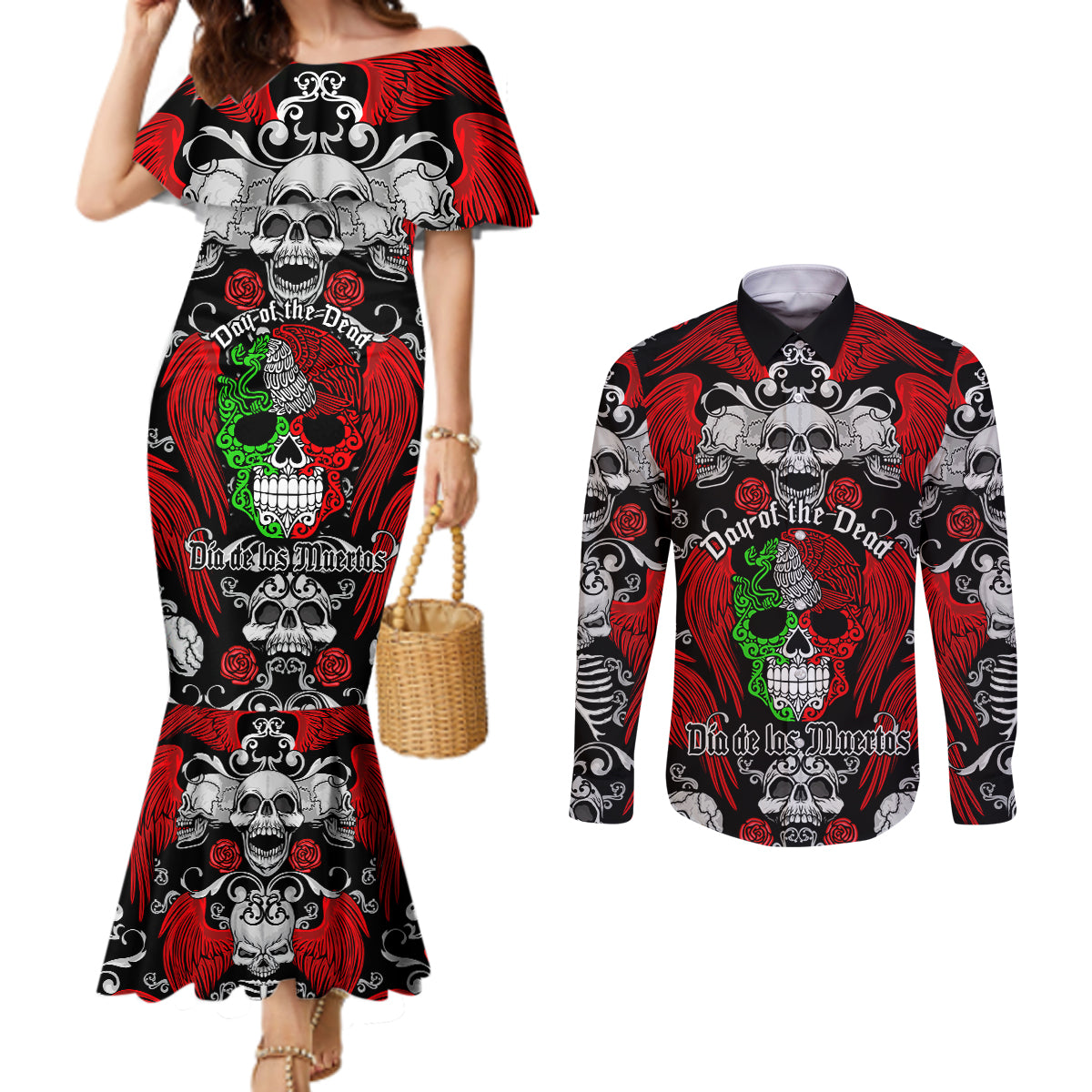 mexico-day-of-the-dead-couples-matching-mermaid-dress-and-long-sleeve-button-shirts-mexican-sugar-skull-dia-de-los-muertos