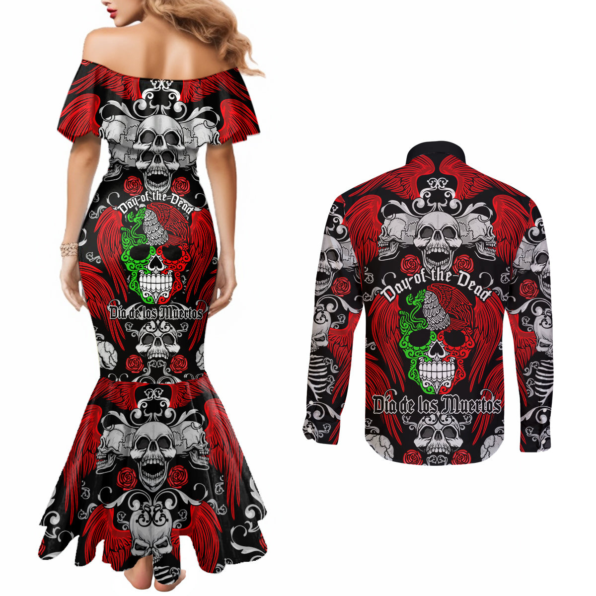 mexico-day-of-the-dead-couples-matching-mermaid-dress-and-long-sleeve-button-shirts-mexican-sugar-skull-dia-de-los-muertos