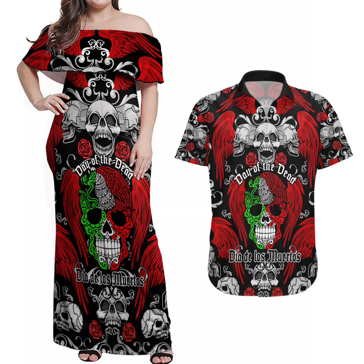 Mexico Day Of The Dead Couples Matching Off Shoulder Maxi Dress and Hawaiian Shirt Mexican Sugar Skull Dia de los Muertos - Wonder Print Shop