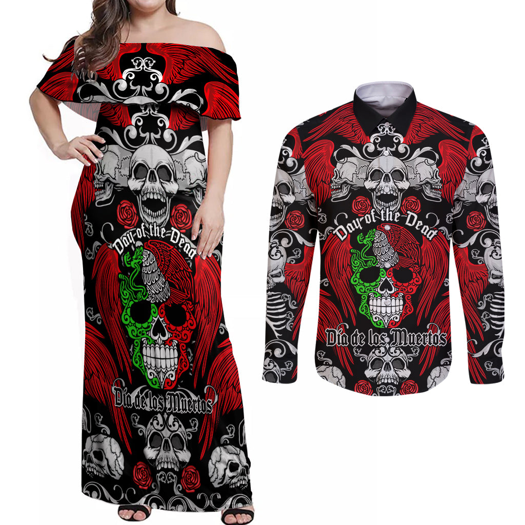 Mexico Day Of The Dead Couples Matching Off Shoulder Maxi Dress and Long Sleeve Button Shirts Mexican Sugar Skull Dia de los Muertos - Wonder Print Shop