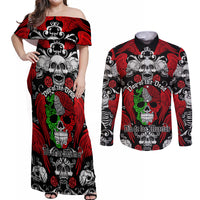 Mexico Day Of The Dead Couples Matching Off Shoulder Maxi Dress and Long Sleeve Button Shirts Mexican Sugar Skull Dia de los Muertos - Wonder Print Shop