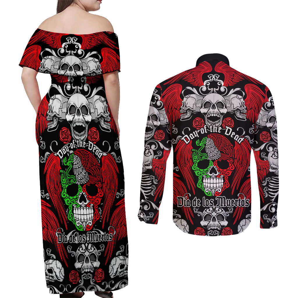 Mexico Day Of The Dead Couples Matching Off Shoulder Maxi Dress and Long Sleeve Button Shirts Mexican Sugar Skull Dia de los Muertos - Wonder Print Shop