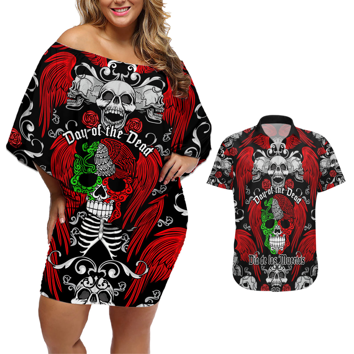 Mexico Day Of The Dead Couples Matching Off Shoulder Short Dress and Hawaiian Shirt Mexican Sugar Skull Dia de los Muertos - Wonder Print Shop