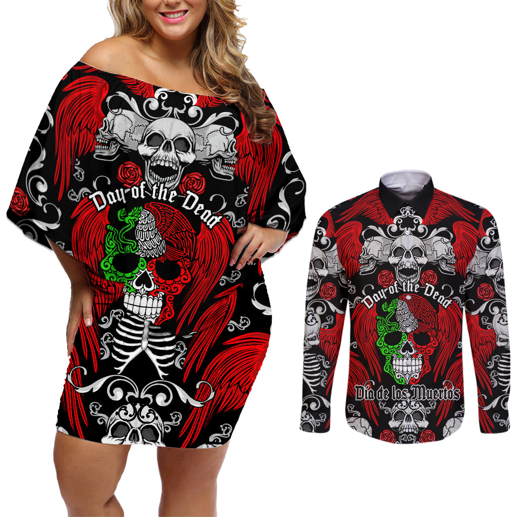 Mexico Day Of The Dead Couples Matching Off Shoulder Short Dress and Long Sleeve Button Shirts Mexican Sugar Skull Dia de los Muertos - Wonder Print Shop