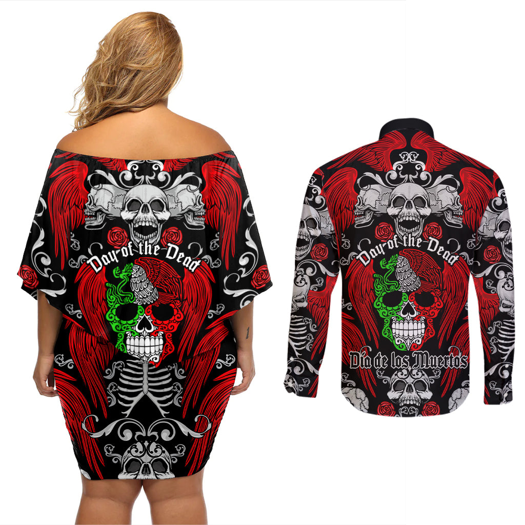 Mexico Day Of The Dead Couples Matching Off Shoulder Short Dress and Long Sleeve Button Shirts Mexican Sugar Skull Dia de los Muertos - Wonder Print Shop