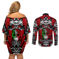 Mexico Day Of The Dead Couples Matching Off Shoulder Short Dress and Long Sleeve Button Shirts Mexican Sugar Skull Dia de los Muertos - Wonder Print Shop