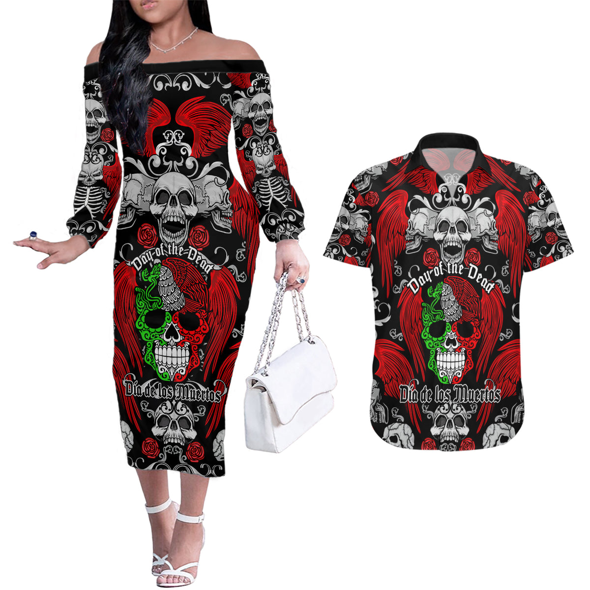 Mexico Day Of The Dead Couples Matching Off The Shoulder Long Sleeve Dress and Hawaiian Shirt Mexican Sugar Skull Dia de los Muertos - Wonder Print Shop
