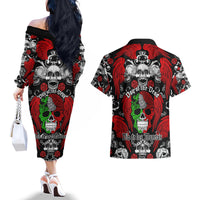 Mexico Day Of The Dead Couples Matching Off The Shoulder Long Sleeve Dress and Hawaiian Shirt Mexican Sugar Skull Dia de los Muertos - Wonder Print Shop