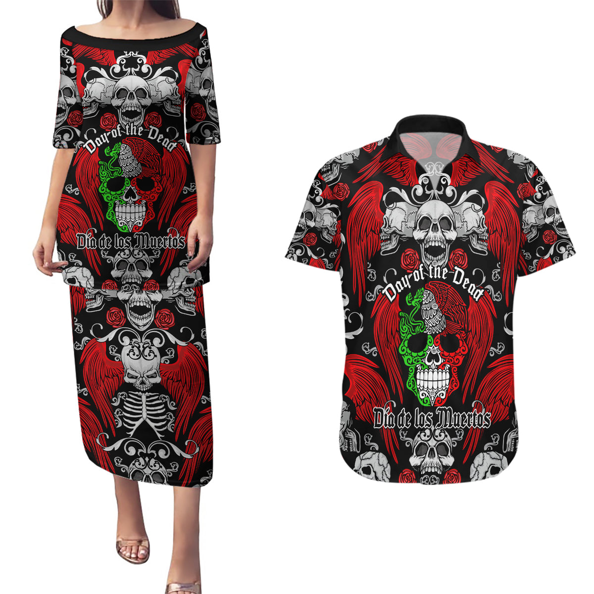 Mexico Day Of The Dead Couples Matching Puletasi Dress and Hawaiian Shirt Mexican Sugar Skull Dia de los Muertos - Wonder Print Shop