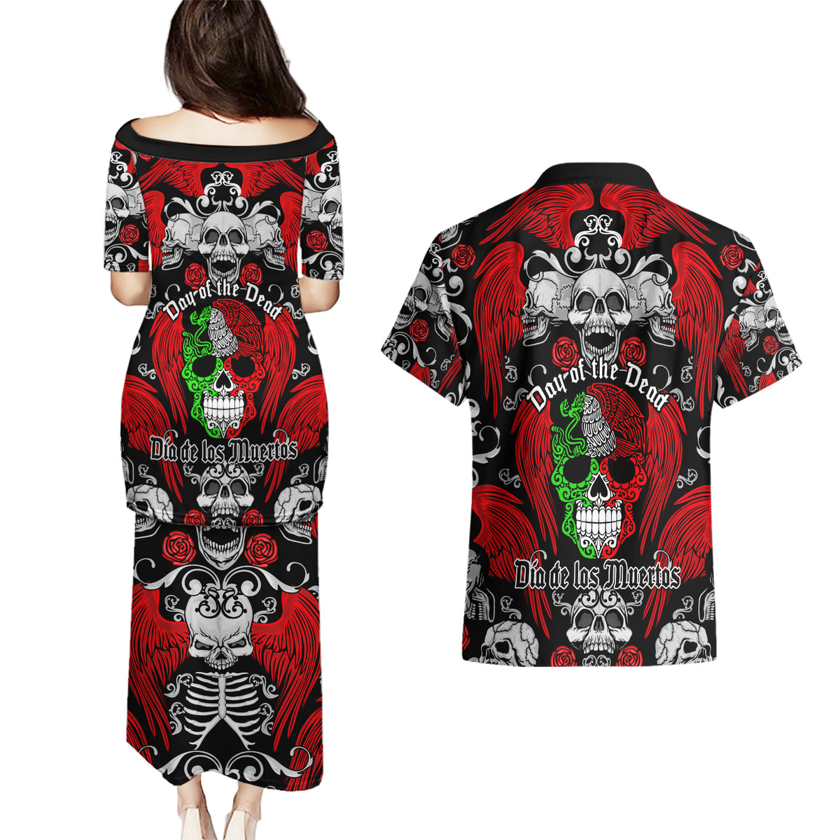 Mexico Day Of The Dead Couples Matching Puletasi Dress and Hawaiian Shirt Mexican Sugar Skull Dia de los Muertos - Wonder Print Shop