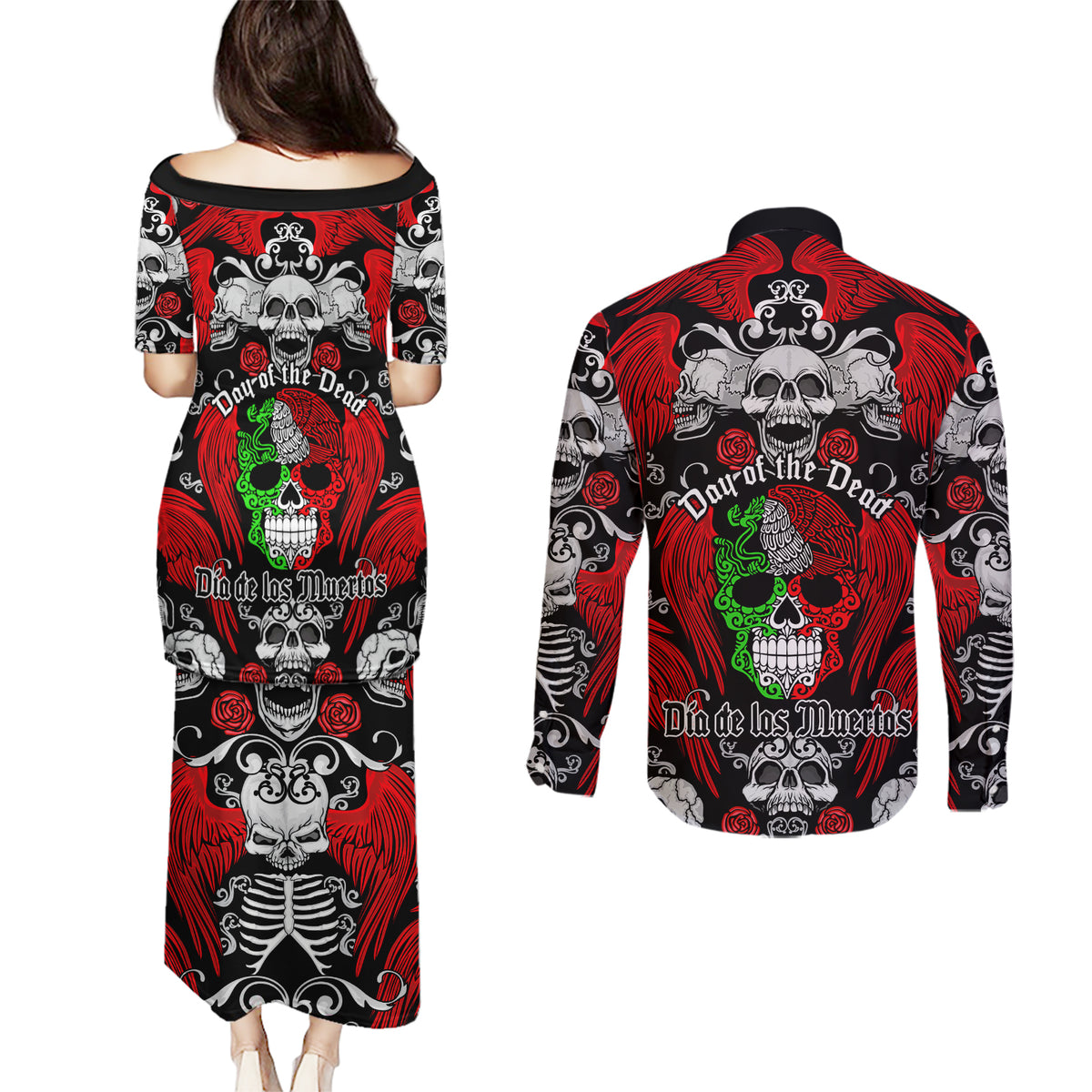 Mexico Day Of The Dead Couples Matching Puletasi Dress and Long Sleeve Button Shirts Mexican Sugar Skull Dia de los Muertos - Wonder Print Shop