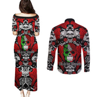 Mexico Day Of The Dead Couples Matching Puletasi Dress and Long Sleeve Button Shirts Mexican Sugar Skull Dia de los Muertos - Wonder Print Shop