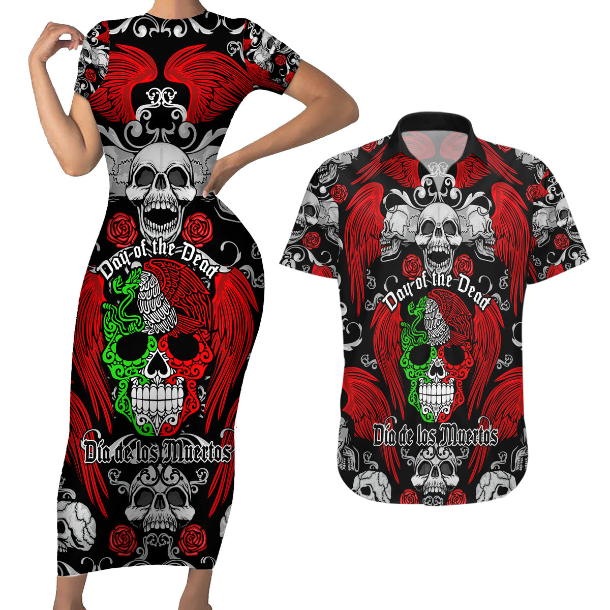 Mexico Day Of The Dead Couples Matching Short Sleeve Bodycon Dress and Hawaiian Shirt Mexican Sugar Skull Dia de los Muertos - Wonder Print Shop