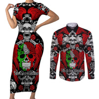 Mexico Day Of The Dead Couples Matching Short Sleeve Bodycon Dress and Long Sleeve Button Shirts Mexican Sugar Skull Dia de los Muertos - Wonder Print Shop