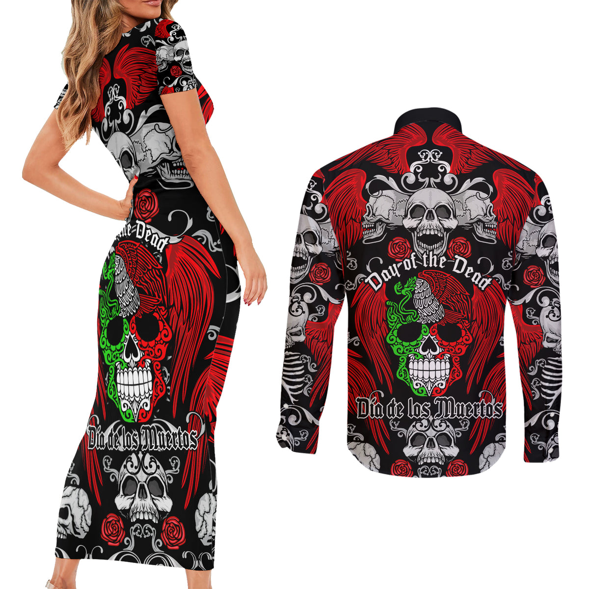 Mexico Day Of The Dead Couples Matching Short Sleeve Bodycon Dress and Long Sleeve Button Shirts Mexican Sugar Skull Dia de los Muertos - Wonder Print Shop