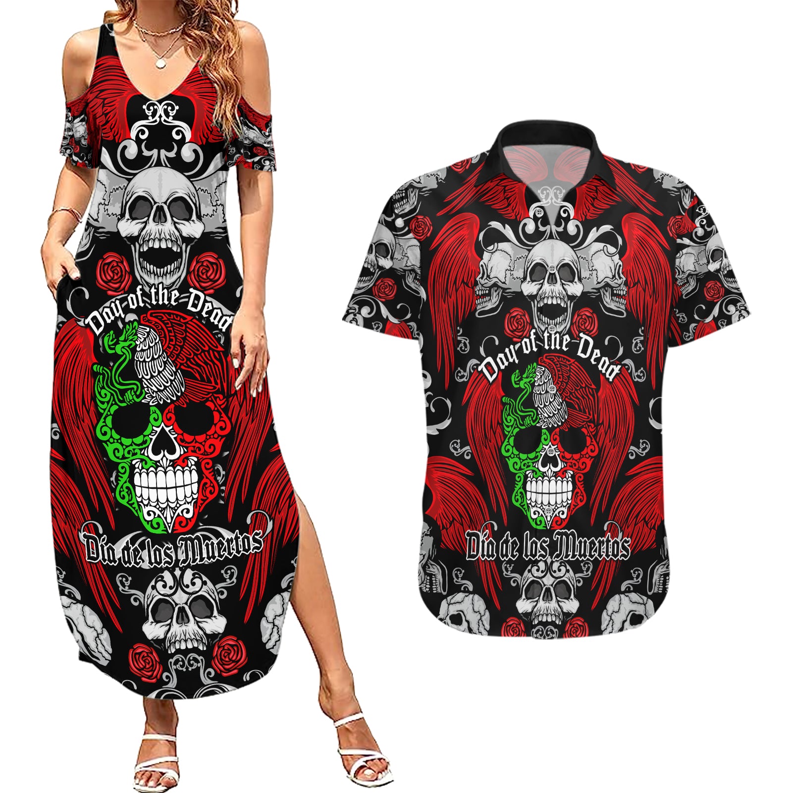 Mexico Day Of The Dead Couples Matching Summer Maxi Dress and Hawaiian Shirt Mexican Sugar Skull Dia de los Muertos - Wonder Print Shop